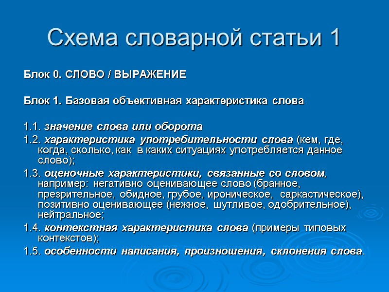 Схема словарной статьи 1 Блок 0. СЛОВО / ВЫРАЖЕНИЕ  Блок 1. Базовая объективная